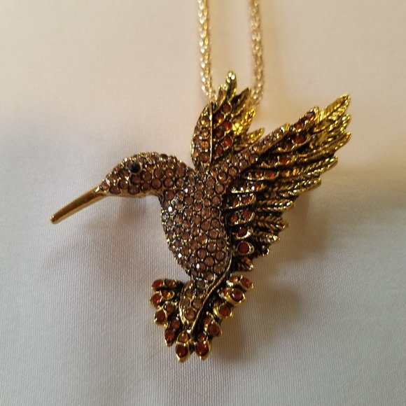 🐞🤎Gold/Brown Hummingbird Necklace / Brooch - NWOT🤎🐞 - Picture 1 of 7